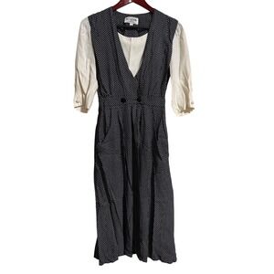 RJ Stevens Petites Vintage Black White Geometric Midi Dress Pockets Size 8